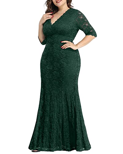 Image of Pinup Fashion Plus Size Formal Evening Dress Wedding Guest Bridal Gowns | Floral lace, wrap v-neck, 3 /4 sleeves, empire waist, mermaid floor length, side zipper