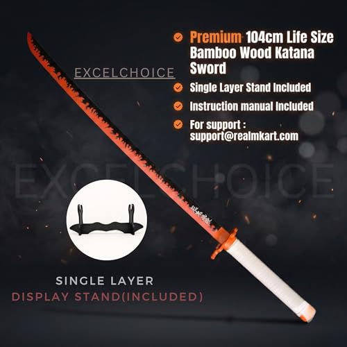 Image of Demon Slayer Rengoku Katana /Sword Toy 104cm Life Size - Bamboo Wood Rengoku Anime Flame Hashira Katana 2026 (Stand Included-Single Layer) Perfect for Anime Gift