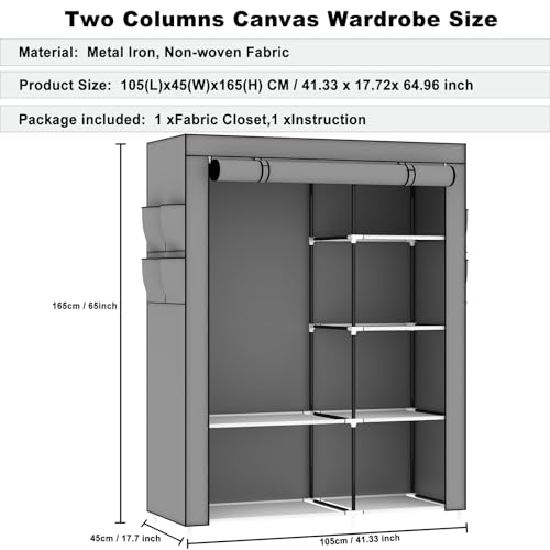 Image of OPPAIYA Canvas Wardrobe, Pop up wardrobe, Fabric Wardrobes Shelves with Hanging Rail, 105 x 45 x 165 cm, Great temporary wardrobe for bedrooms