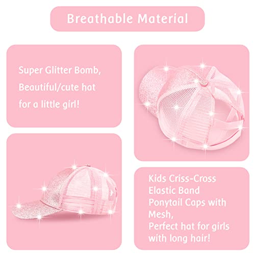 Kids Girls Criss-Cross Elastic Band Ponytail Caps, Little Girls Glitter Adjustable High Baseball Ponytail Hats, Fit 4-10Years Pink #TOP5