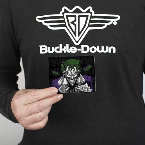 Buckle-Down Men's PU Bifold Wallet-Joker Smiling + Laughing Poses/HAHA Black/Gray/Purple/Green, Multicolor, 4.0" x 3.5"3