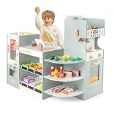 KOTEK Grocery Store Pretend Play, Wooden Supermarket Playset with Checkout Counter, Vending Machine, Coffee Maker, 32 PCS Accessories, Gift for Boys Girls 3+ (Soft Gray)