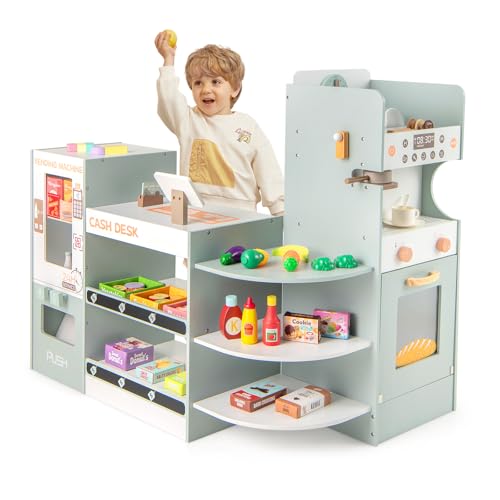 KOTEK Grocery Store Pretend Play, Wooden Supermarket Playset with Checkout Counter, Vending Machine, Coffee Maker, 32 PCS Accessories, Gift for Boys Girls 3+ (Soft Gray)