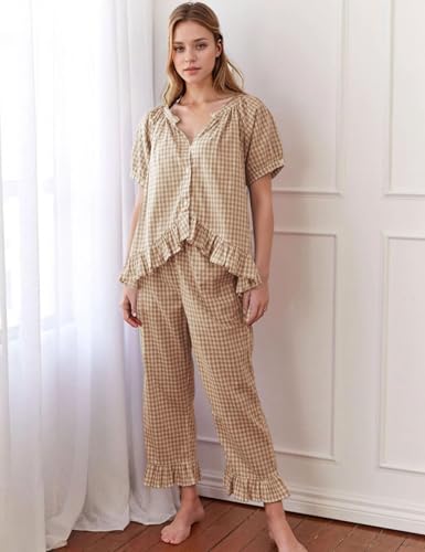 Flygo Womens Plaid 2 Piece Pajamas Sets Gingham Button Down Puff Sleeve Babydoll Shirt Ruffle Pants Y2K Pjs Lounge Set