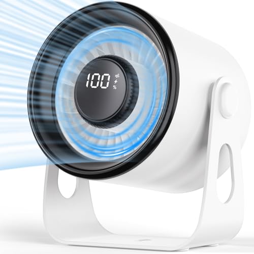 Biswitif USB Small Quite Table Fan: Personal Portable Desktop Fans Rechargeable with Led Digital Display for Ofice Bedroom Camping Traveling, Air Circulator Cooling for Women Men Girls Boys, White