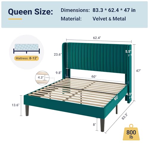 Image of Allewie Queen Size Bed Frame /Velvet Upholstered Platform Bed /Vertical Channel Tufted Wingback Headboard /Strong Wooden Slats /No Box Spring Needed /Easy Assembly /Teal
