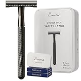 Gearhub Double Edge Safety Razor Stainless Steel Metal Reusable Wet Shaving Razor with 10 Swedish Platinum Blades for Men Women Barber Bikini Armpit Hair, Matte Gunmetal Black GRB3G