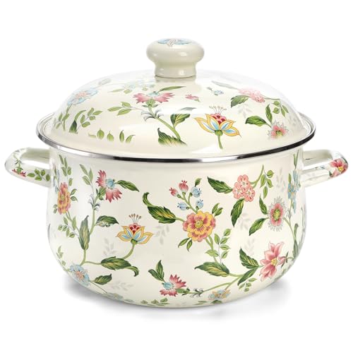 Jucoan 5 Quart Enamel Stockpot with Lid, Green Floral Enamelware Cooking Pot with Dual Handles for...