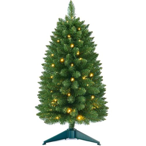 3ft Prelit Artificial Small Mini Christmas Tree with Warm White Multi-Color LED Lights, Timer Battery Operated, Perfect for Xmas Tabletop Decorations, Home, Kitchen, Dining Table top Green