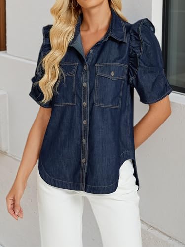 Denim Shirt for Women Short Puff Sleeve Jean Shirts Button Down Lightweight Denim Blouses Tops with Pockets3