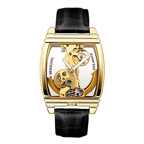 GORBEN Men's Automatic Mechanical Watch Transparent Dial Black Gold Skeleton Sport Leather Bracelet