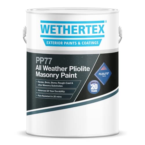 Rawlins Paints Wethertex PP77 All Weather Pliolite Smooth Masonry Paint - Water Resistant Coating - Long Lasting Formula - Brilliant White - 5L