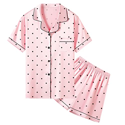 Image of Umeyda Women & Girls Pajamas Set, 2 Piece PJS Satin Silk Sleepwear Button-Down Top with Shorts for Mom Kids Gifts