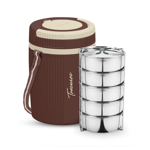 Image of Tureware Electric 5 PU Insulated 304 Grade Stainless Steel 5 Container 450ml Each Thermoware Electric Lunch Box for Man & Women Reheat Food|Convenience case or Power Cord|Inbuilt Thermostat