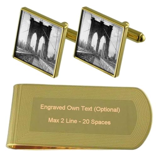 Gemelos de puente de Brooklyn color oro y pasacorbatas grabado para hombre