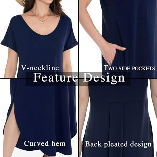 Image of Matchstick Women's Flowy Maxi Dress V-Neck Relaxed Loose Fit Short Sleeve Casual Sundress with Pockets Side Split Beach Dress