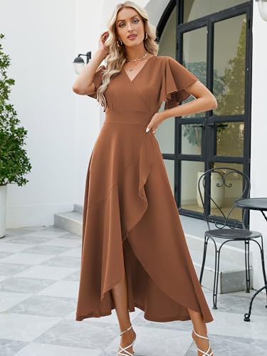 Image of Long Black Formal Dresses for Women Gowns Evening Party Cocktail Dress,Split Elegant V Neck Wrap Ruffle Wedding Guest Dresses