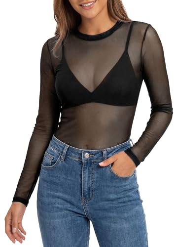 T-shirt moulant transparent en dentelle pour femme style Y2K chic col rond