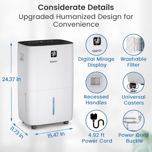 Image of Yaufey 150 Pint Dehumidifier for Basement Home 8000 Sq. Ft. with Drain Hose | Continuous Drain & Large Water Tank 2.11 Gal, Intelligent Humidity Control, Quiet Operation, Auto Shut Off, Timer for Home