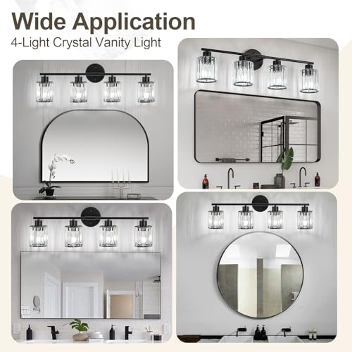 Image of Modern Black Crystal Bathroom Light Fixtures,4-Light | Bathroom Lighting Fixtures over Mirror,Vanity Lights for Mirror, Restroom(Ceramic E26 Socket,Bulbs Not Include)