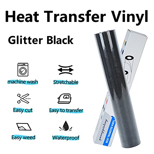 Image of guangyintong Glitter Black Heat Transfer Vinyl HTV Rolls, 12 inch x 8ft Iron on Vinyl for T Shirts Glitter Black HTV Vinyl for All Cutter Machines Easy to Cut & Weed for Heat Vinyl Design