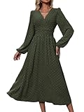 Kleid Damen Langarm Freizeitkleid Winterkleid V-Ausschnitt Casual A-Linie Kleider Jacquard-Weberei Strand Maxikleid Elegant Kleid Armeegrün XL