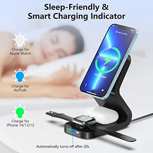3 in 1 Magnetic Wireless Charger Stand,15W Fast MagSafe Wireless Charging Station Compatible with iPhone 14/13/12 Series,Apple Watch Series,MagSafe Charger Stand Dock for Airpods 2/3/pro - Black