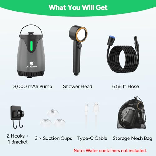 Ducha portátil para exteriores DR.PREPARE, bomba impermeable IPX8, batería recargable 8000mAh, 3 modos de rociado, flujo fuerte de 1.59 GPM, cabezal de ducha portátil para camping, lavado de autos y playa miniatura 6