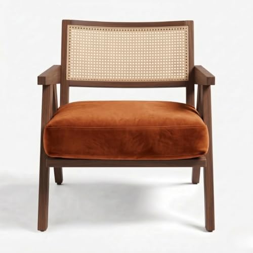 Image of Kingsman Furnitures ABEL Rattan Teak Wood Accent Arm Chair for Home Bedroom, Living, Dining, Drawing Room | Ultra Soft and Comfortable for Stress Free | Removable Cushion (Walnut Burnt Orange)