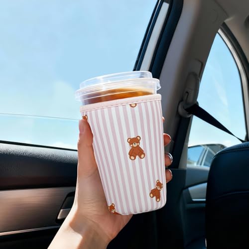 Image of Reusable Insulated Sleeve for Iced Coffee Cup, 3-Pack Coffee Neoprene Drink Sleeve for Cold & Hot Drinks, Beverage Holder for Iced Coffee (Pink Stripe Bears)