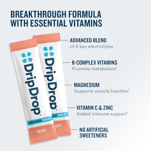 Image of DripDrop Hydration Zero Sugar Electrolyte Packets, Peach, 30 Ct | Sugar Free, Single Serve Powder Drink Mix; 3X Electrolytes, 15 Vitamins & Nutrients; No Artificial Sweeteners, Low Calorie