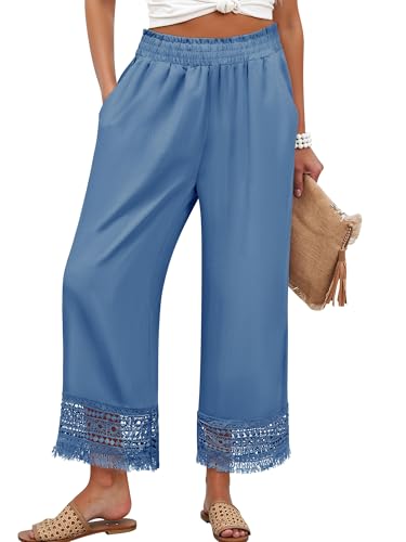 Womens Wide Leg Pants Summer Casual Palazzo Pants High Waist Flowy Beach Trousers with Pockets