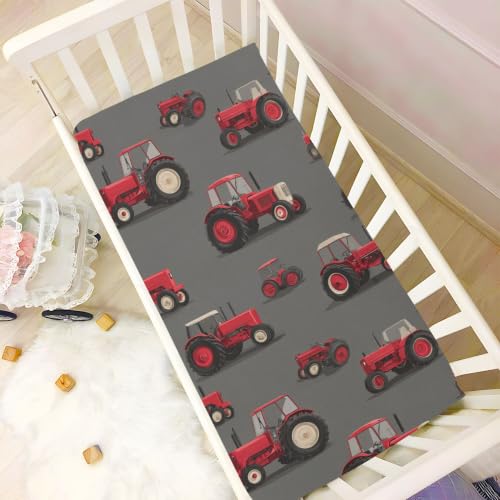 Image of Red Farm Tractors Pattern Crib Sheets Soft Breathable Fitted Baby Crib Sheets Mattress Cover for Girls Boys, 52 inch x 28 inch x 9 inch