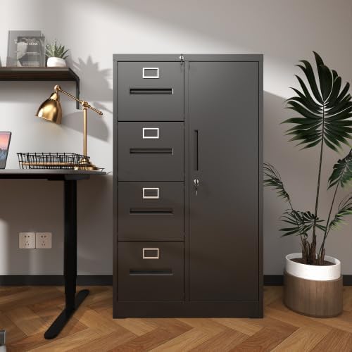 Metal Storage Vertical Filing Cabinet with Lock, Steel File Locker with 4 Drawers and 1 Door for School, Living Room, Bedroom, Office (Black, 4 Drawers and 1 Door)