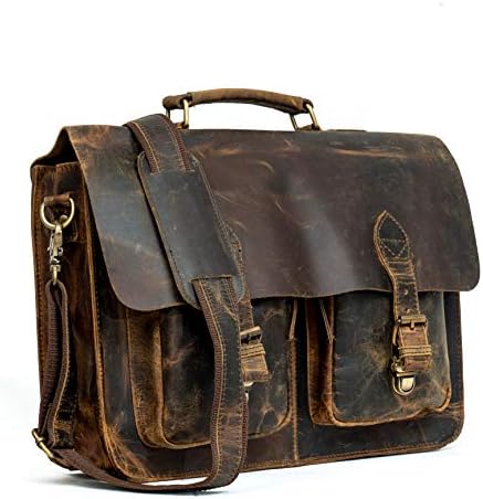 16" Inch Rustic Vintage Retro Buffalo Hunter Leather Laptop Messenger Briefcase Satchel Office Bag Men & Women Unbreakable Shoulder Strap And Buckles (Distressed Tan)