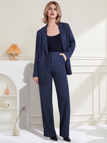 Women's 2 Piece Suit One Button Business Casual Office Work Outfits Dressy Blazer Wide Leg Pants Set Navy4