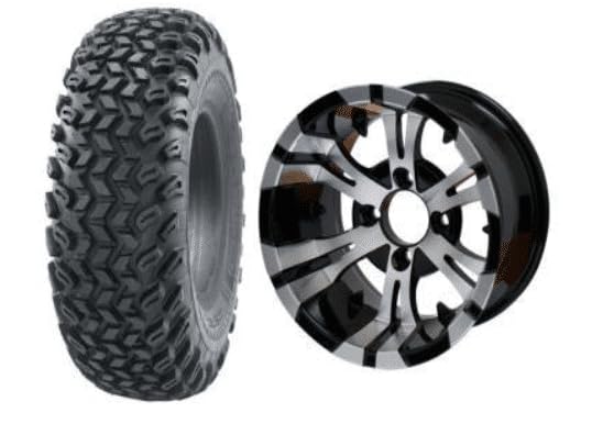 10" Machined/Black "VAMPIRE" Golf Cart Wheels and 22x11-10 All Terrain Golf Cart Tires - Set of 4