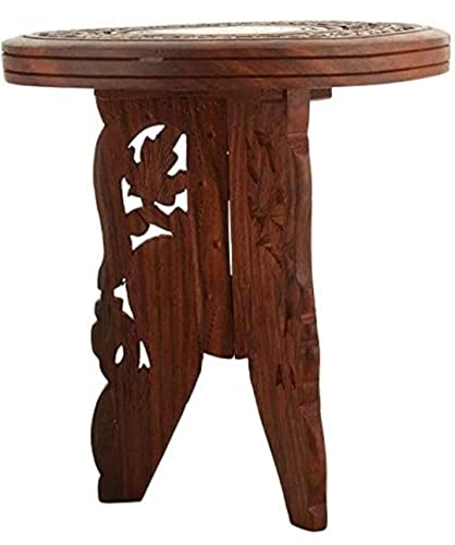 Image of Wood Well Polished And Furnished End Table /Stool With Antique Polish Multipurpose Coffee Stand Table (3 Legged Fold, 9 Inches)