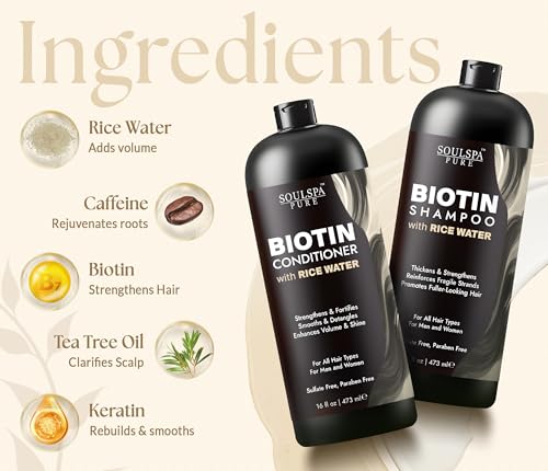 Image of SOULSPA PURE Biotin Rice Water Shampoo and Conditioner Set - Thickening Formula with Rice Protein & Keratin - Strengthening Hair Care for Thinning Hair - 16 fl oz Each
