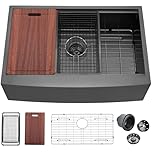 33 Black Farmhouse Sink Undermount, Dorzom 33x22x10 Inches Undermount Farmhouse Kitchen Sink Black Stainless Steel Apron Front Sink with Workstation Ledge 16 Gauge Single Bowl Kitchen Sink