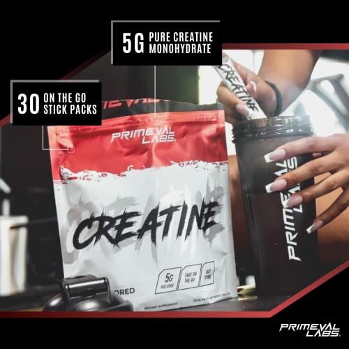 Primeval Labs Creatine Monohydrate Powder | On The Go Stick Packs | Easy To Mix | 5G Creatine Per Serving | 30 Servings, (Unflavored) #TOP2