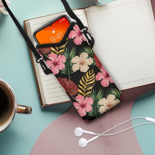 Image of Cellphone Purse Bag with Adjustable Strap Waterproof Shockproof Crossbody Mini Shoulder Handbags Portable Phone Sleeve Case for Women, 8 x 4 Inch, Tropical Hibiscus Flower Palm Leaf
