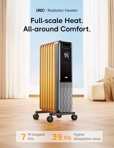 Image of DREO Oil Filled Radiator Heater, 1500W Radiant Heater with Remote Control, Child Lock, 4 Modes, 24h Timer, Overheat & Tip-Over Protection, 24h Timer, Digital Thermostat, Space Heaters for Indoor Use