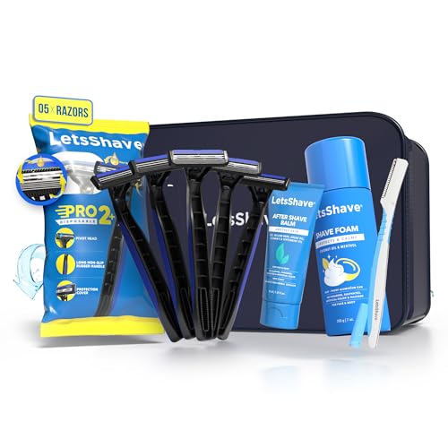 LetsShave Pro 5 Plus - Cuchilla de afeitar para hombre con recortadora de precisión de seguridad, tira lubricante de aloe vera y vitamina E con elegante protector de flujo y tapa de afeitar gratis