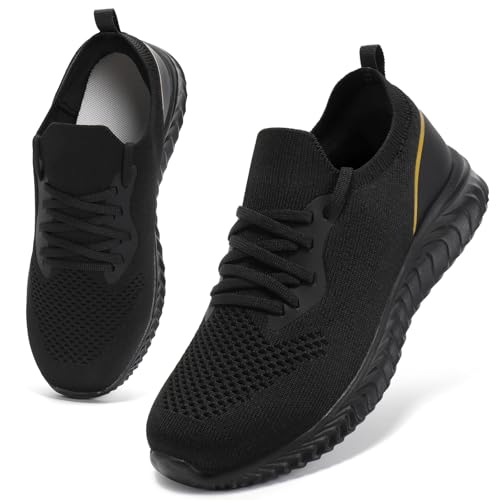 HKR Damen Laufschuhe Leichte Slip on Turnschuhe Bequem Orthopädische Schuhe Atmungsaktiv Sportschuhe Schlupfschuhe Schwarz Gold 39 EU