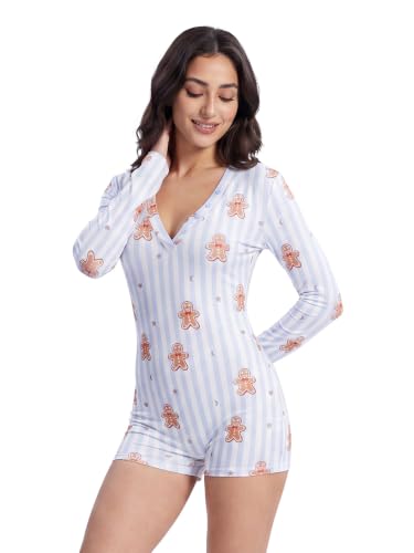 Image of Women Christmas Shorts Romper Print Long Sleeve Deep V Neck Fitted Jumpsuit | Fashion sweet bow star striped romper, suitable for daily wear, festival, fall