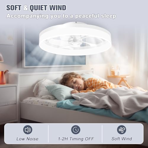 Image of VOLISUN Low Profile Ceiling Fans with Lights and Remote, 19.7in Fandelier Ceiling Fan Flush Mount, 3000K-6500K Smart Bladeless LED Fan Light, White Modern Ceiling Fans with Lights for Bedroom