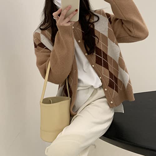 Trendy Fall Sweater for Women 2025 Grunge Argyle Plaid Preppy Y2K E-Girl Cardigan Chunky Knit Vintage Grandpa Sweater4