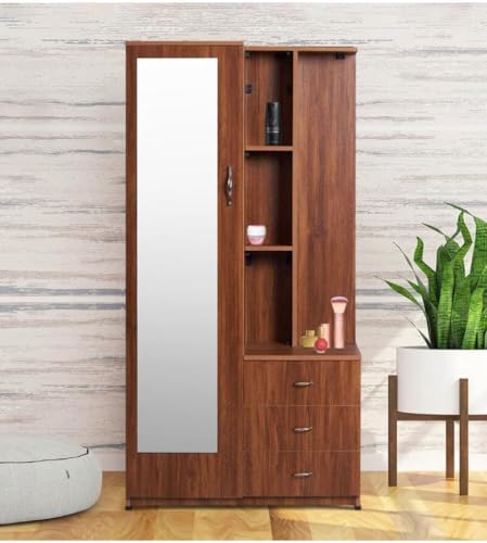 CASPIAN Engineered Wood 1 Door Wardrobe (Rainforest Brown) | Pre Assembled Furniture with Mirror & Vanity Dressing Table | Cupboard/Almirah for Bedroom Clothes Storage Organizer with 5 Shelves