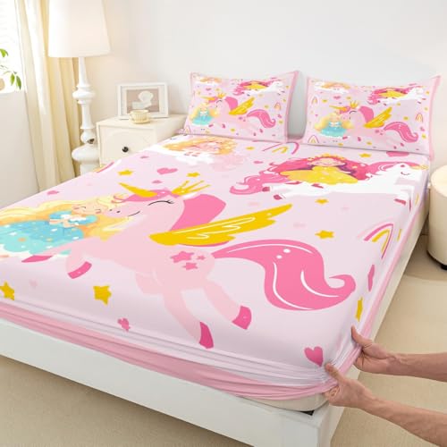 Drap-housse licorne rose lit double avec 2 taies d'oreiller pour chambre enfant - 2